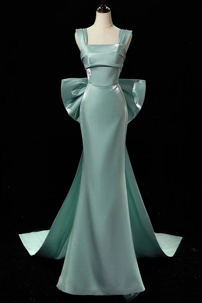 Mint Satin Square Neck Mermaid Evening Gown With Big Bow Train F0378