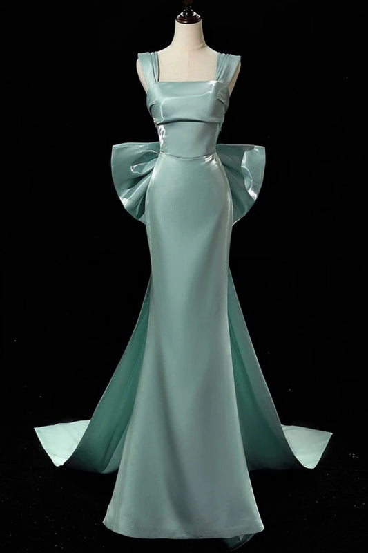 Mint Satin Square Neck Mermaid Evening Gown With Big Bow Train F0378