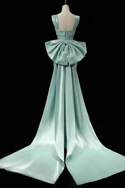 Mint Satin Square Neck Mermaid Evening Gown With Big Bow Train F0378