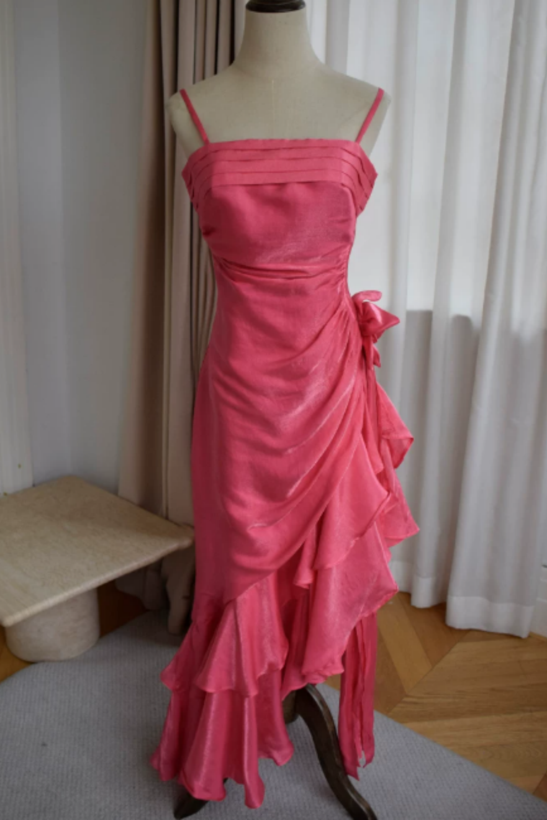 Multi Color Shiny Spaghetti Strap Formal Dress, Ruched Asymmetrical Ruffle Floral Party Dress L014
