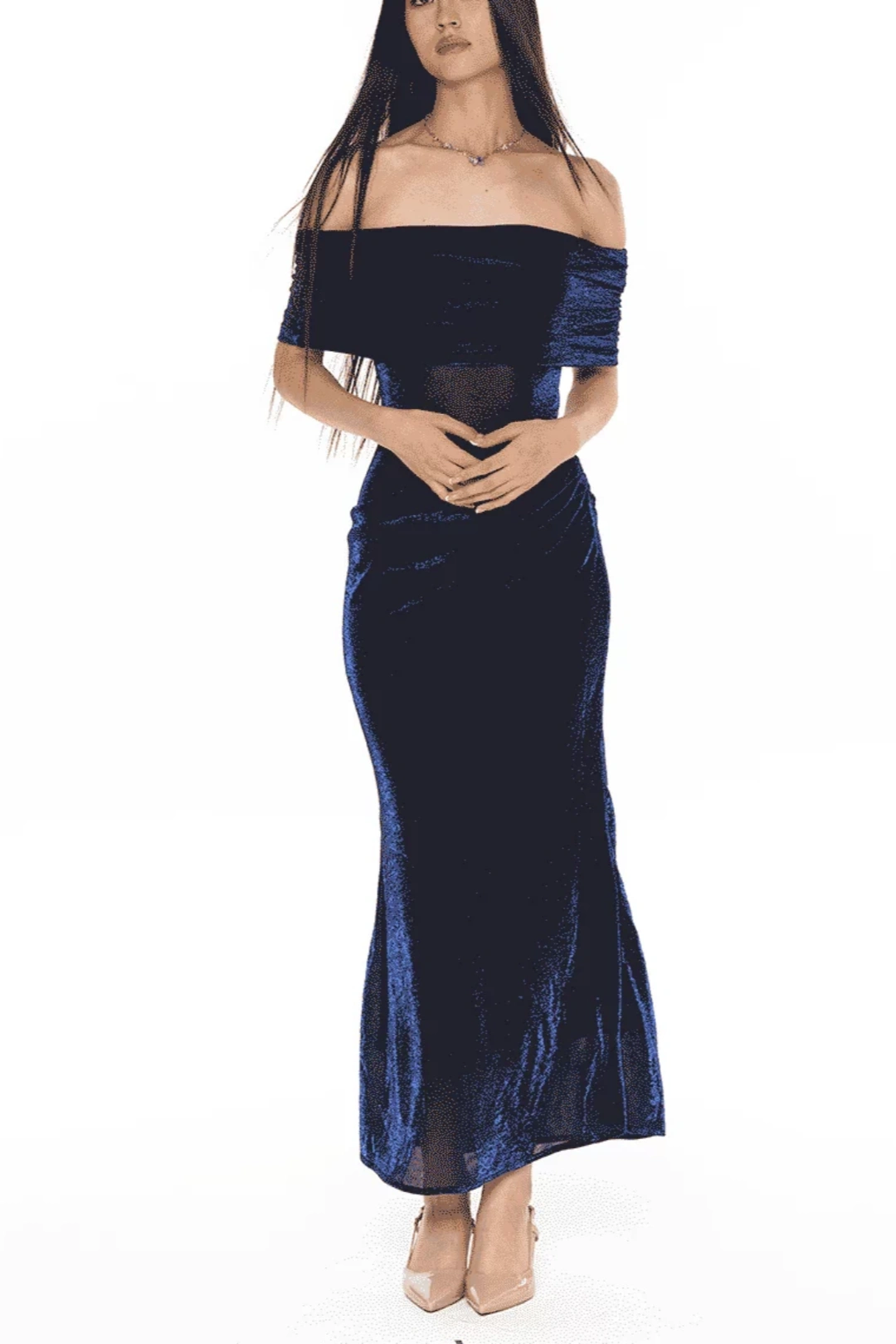 Navy Blue Off Shoulder Ruched Midi Party Dress F0505