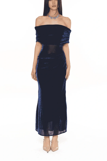 Navy Blue Off Shoulder Ruched Midi Party Dress F0505