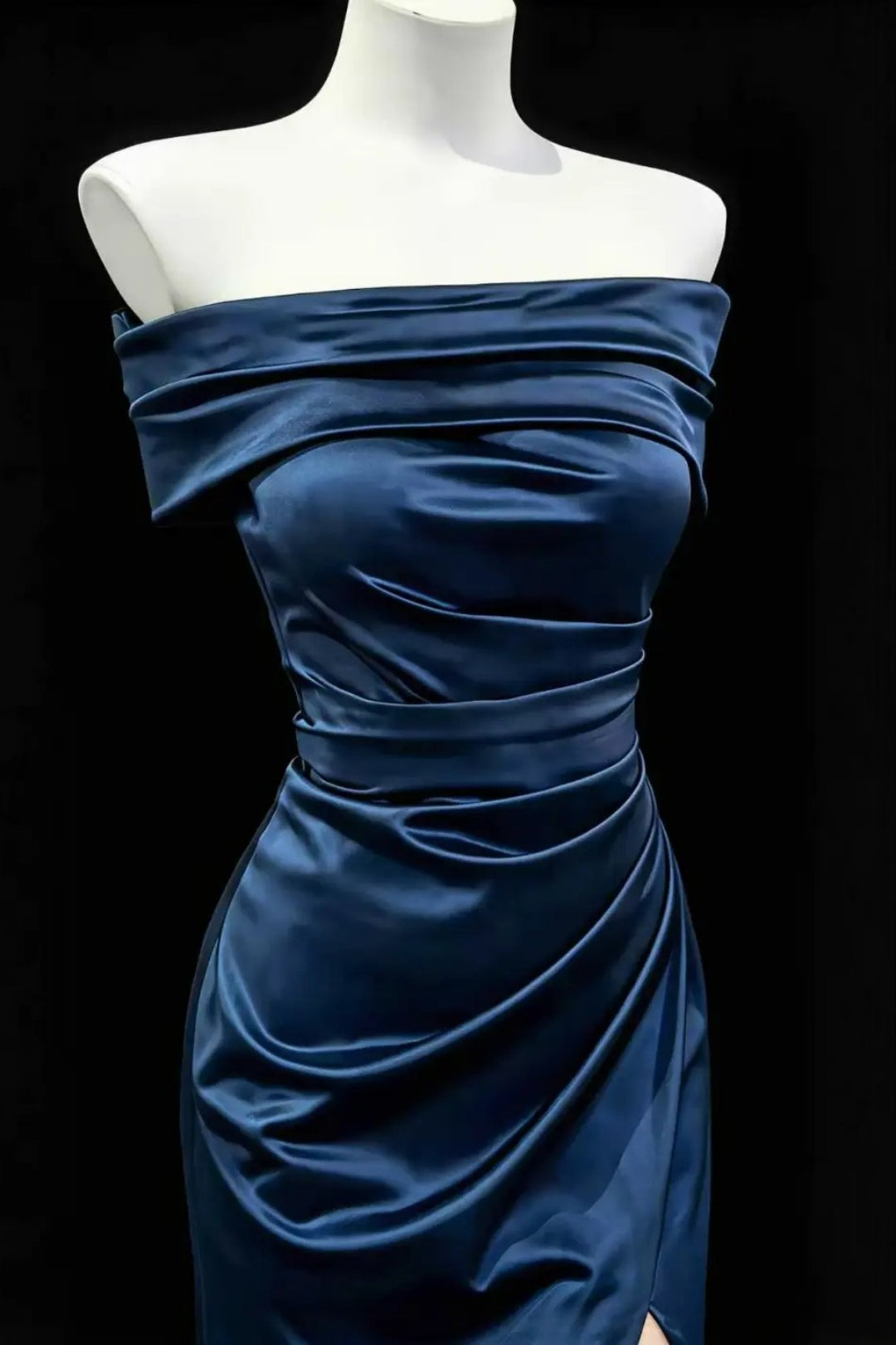 Navy Blue Off Shoulder Satin Mermaid Formal Dress F0347