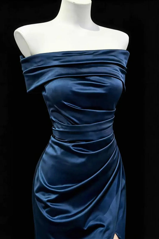 Navy Blue Off Shoulder Satin Mermaid Formal Dress F0347