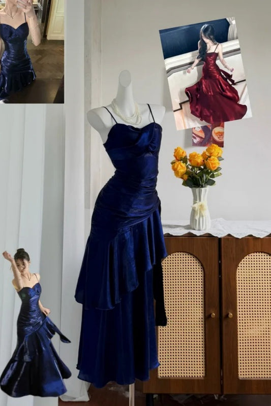 Navy Blue Satin Mermaid Prom Dress, Spaghetti Strap Formal Gown F0417