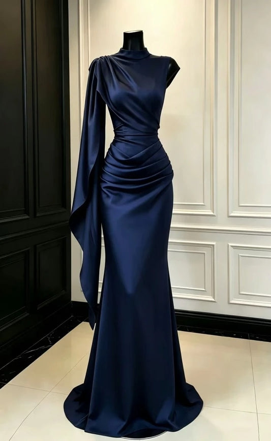 Navy Satin High Neck Mermaid Evening Dress With Drape Sleeve F0393