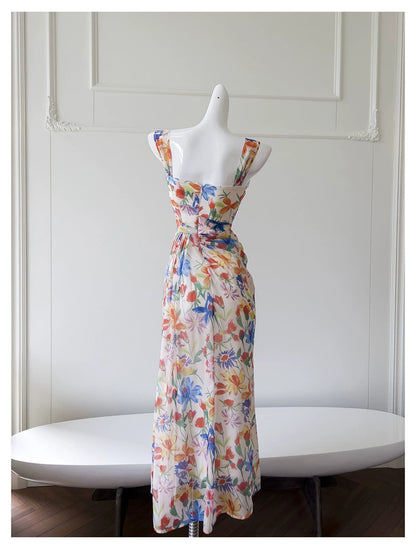 Watercolor Floral Chiffon Maxi Dress, Square Neck Spaghetti Strap Dress F0435