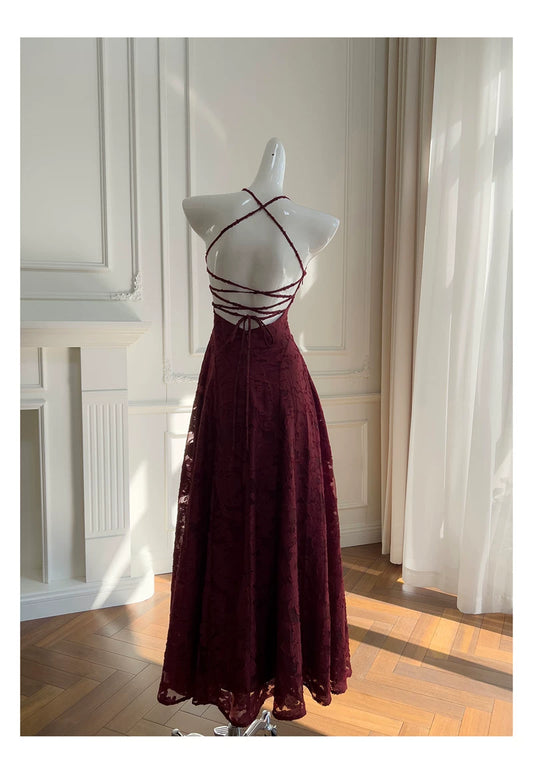 Spaghetti Strap Burgundy Textured Lace Long Evening Dress  F0440