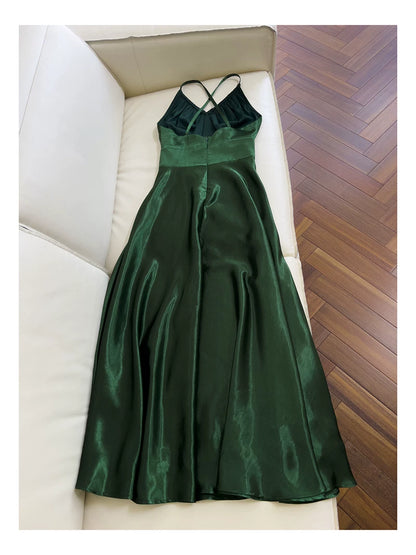 Emerald Green Satin Halter Maxi Dress, Cross Back Formal Evening Gown F0436