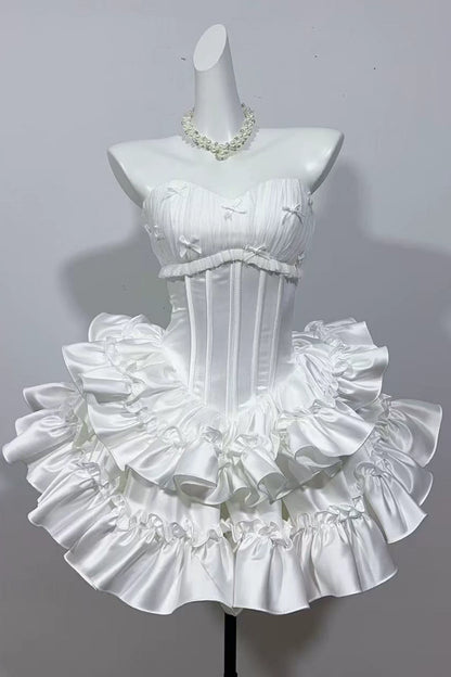 Strapless Ruffled Satin Mini Homecoming Dress With Tiny Bows F0312