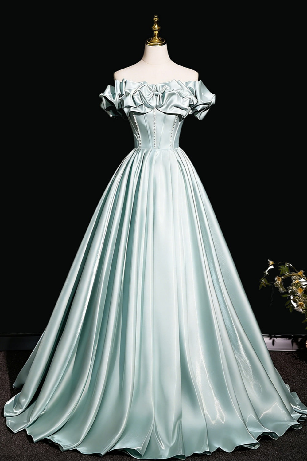 Elegant Mint Green Off-the-Shoulder Satin Ball Gown with Bow and Pearl Detail,Corset Prom Dress for Women, Formal Evening Gown for Quinceanera, Pageant and Wedding Floral019