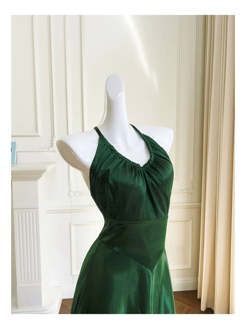 Emerald Green Satin Halter Maxi Dress, Cross Back Formal Evening Gown F0436