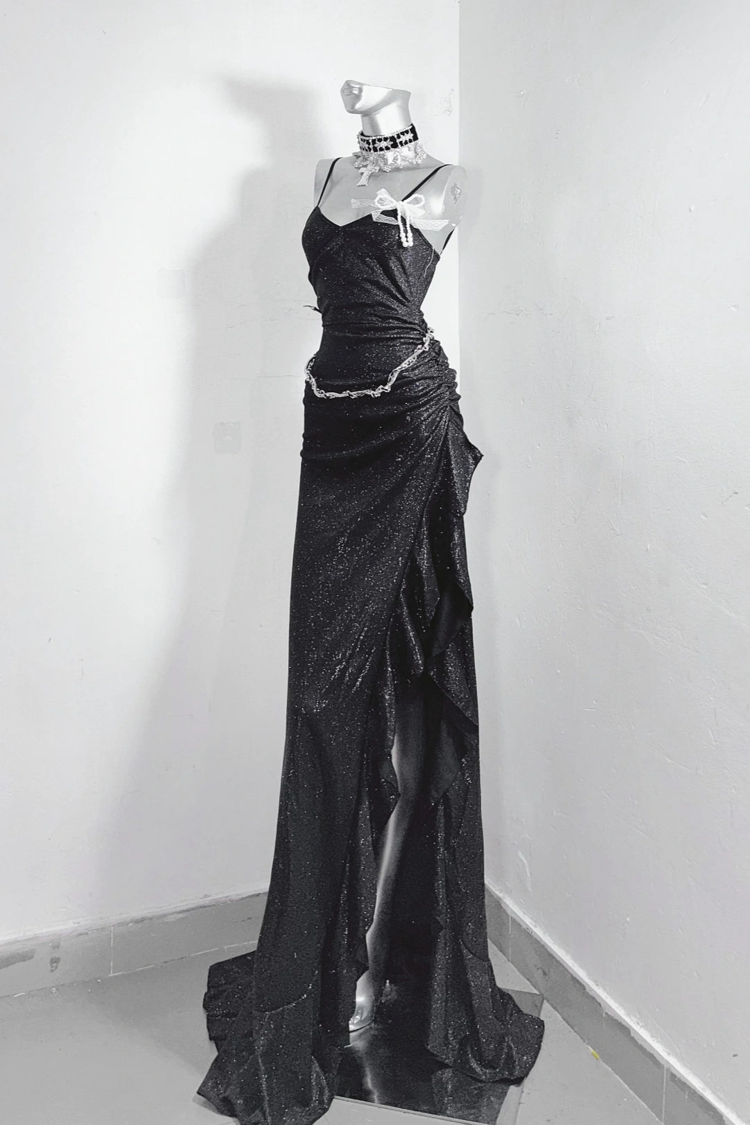 Elegant black glitter mermaid dress with thin spaghetti straps, side ruched waist and asymmetrical ruffle high slit floor-length Dress  F0285