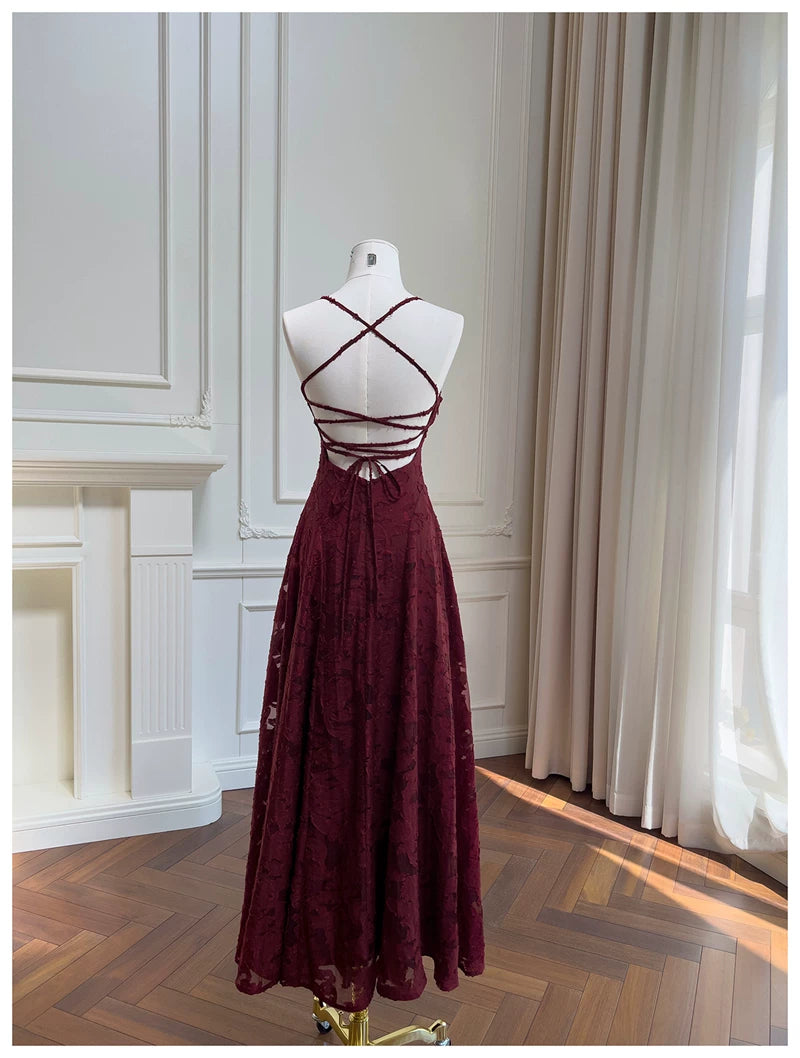 Spaghetti Strap Burgundy Textured Lace Long Evening Dress  F0440