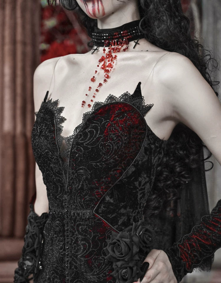 Black Red Gothic Mermaid Gown Halloween Vampire Party Dress F0496