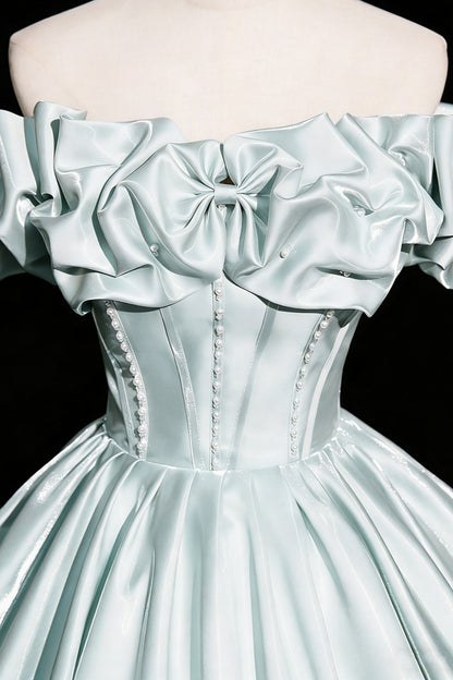 Elegant Mint Green Off-the-Shoulder Satin Ball Gown with Bow and Pearl Detail,Corset Prom Dress for Women, Formal Evening Gown for Quinceanera, Pageant and Wedding Floral019