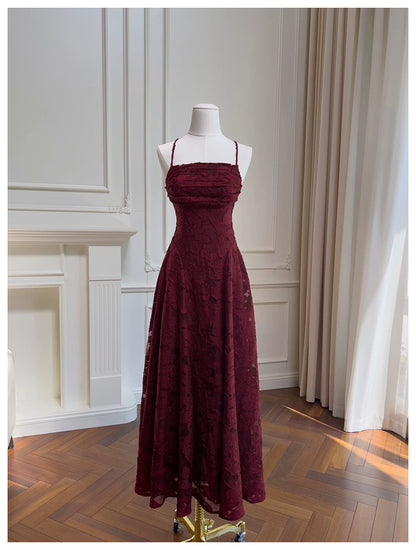 Spaghetti Strap Burgundy Textured Lace Long Evening Dress  F0440