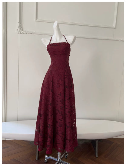 Spaghetti Strap Burgundy Textured Lace Long Evening Dress  F0440