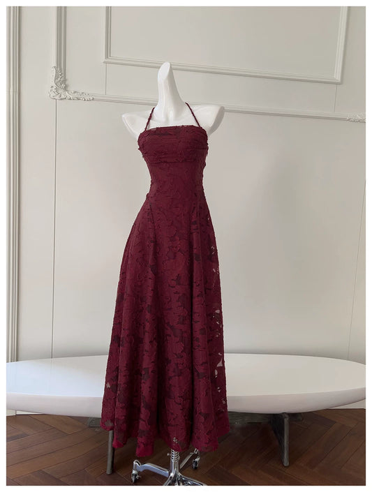 Spaghetti Strap Burgundy Textured Lace Long Evening Dress  F0440
