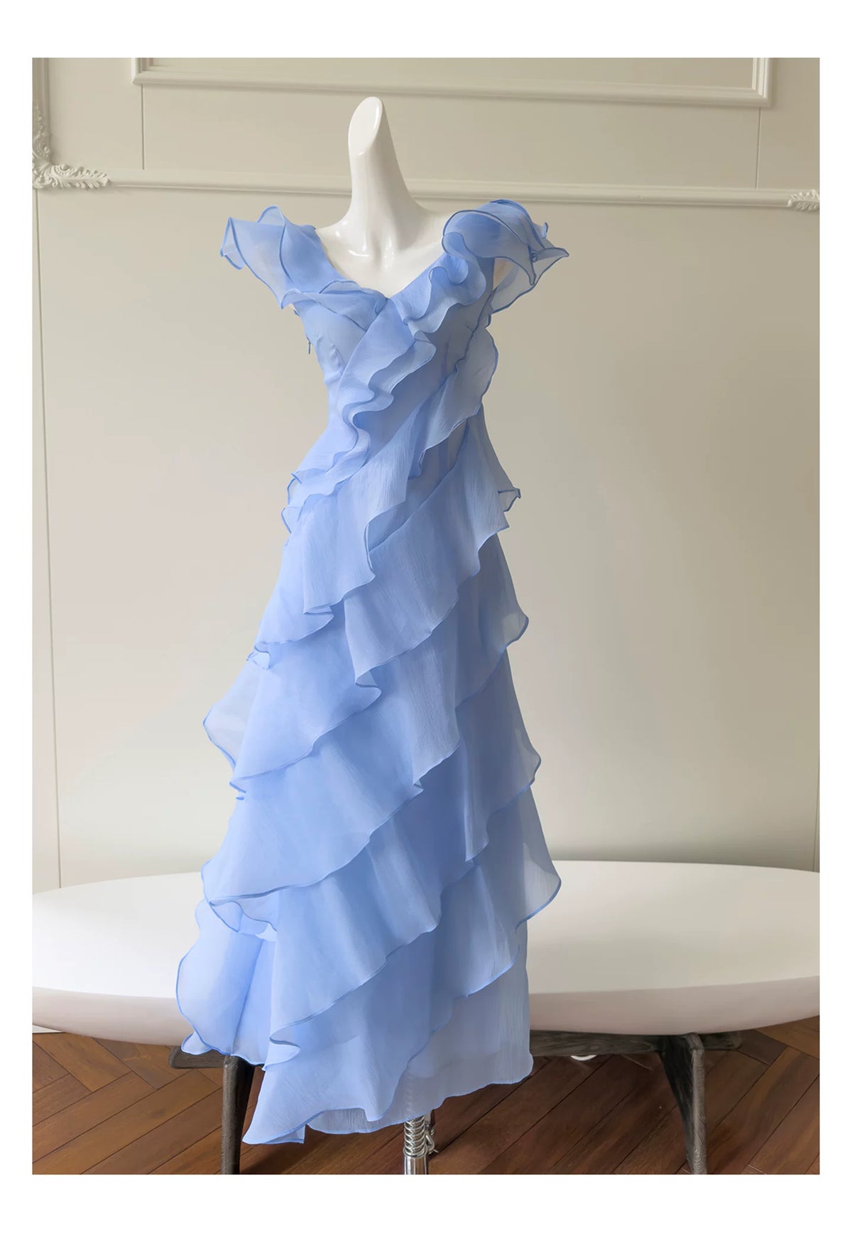Light Blue V Neck Ruffle Long Evening Dress F0446