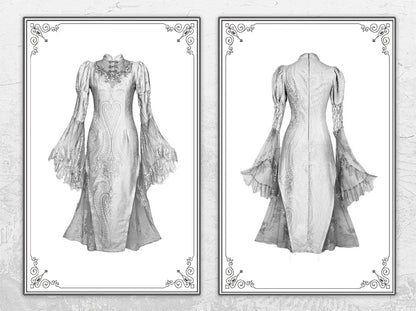 Silver Gray Gothic Lace Midi Dress Halloween Party Dress F0495