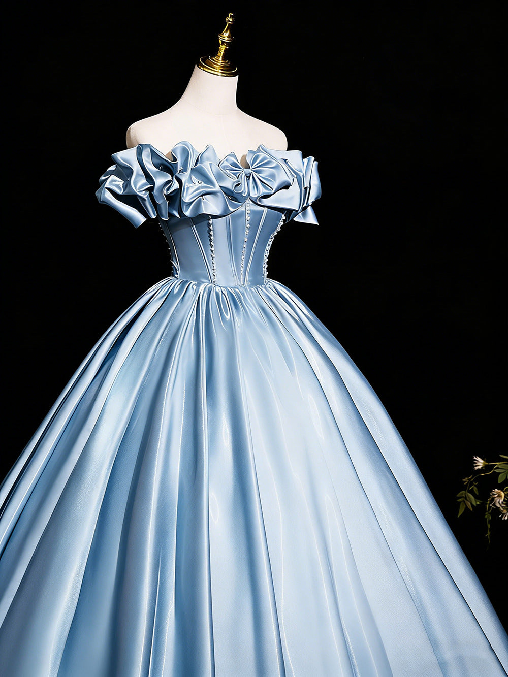 Elegant Blue Off-the-Shoulder Satin Ball Gown with Bow and Pearl Detail, Luxury Corset Prom Dress for Women, Formal Evening Gown for Quinceanera, Pageant and Wedding Floral020