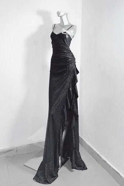 Elegant black glitter mermaid dress with thin spaghetti straps, side ruched waist and asymmetrical ruffle high slit floor-length Dress  F0285
