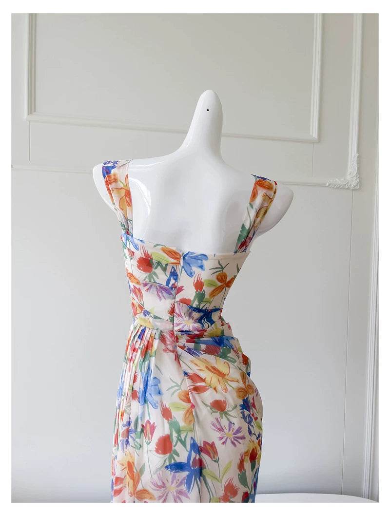 Watercolor Floral Chiffon Maxi Dress, Square Neck Spaghetti Strap Dress F0435