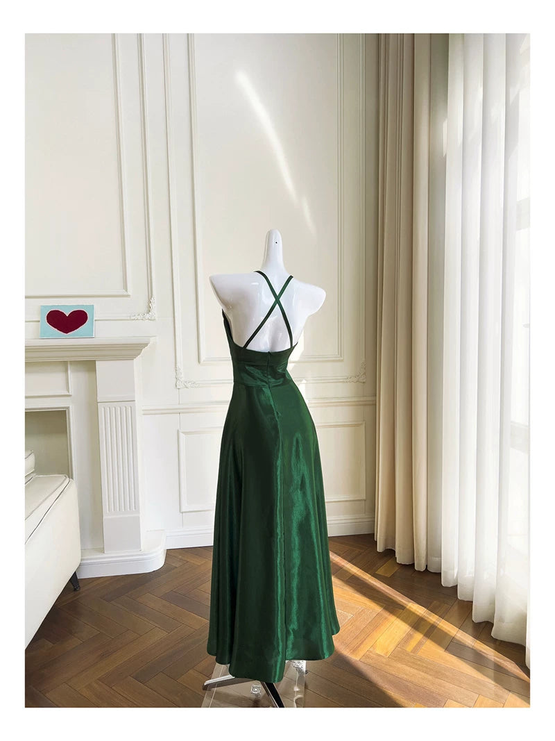 Emerald Green Satin Halter Maxi Dress, Cross Back Formal Evening Gown F0436