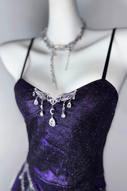 Sparkly Purple Mermaid Spaghetti Strap Evening Dress F0283