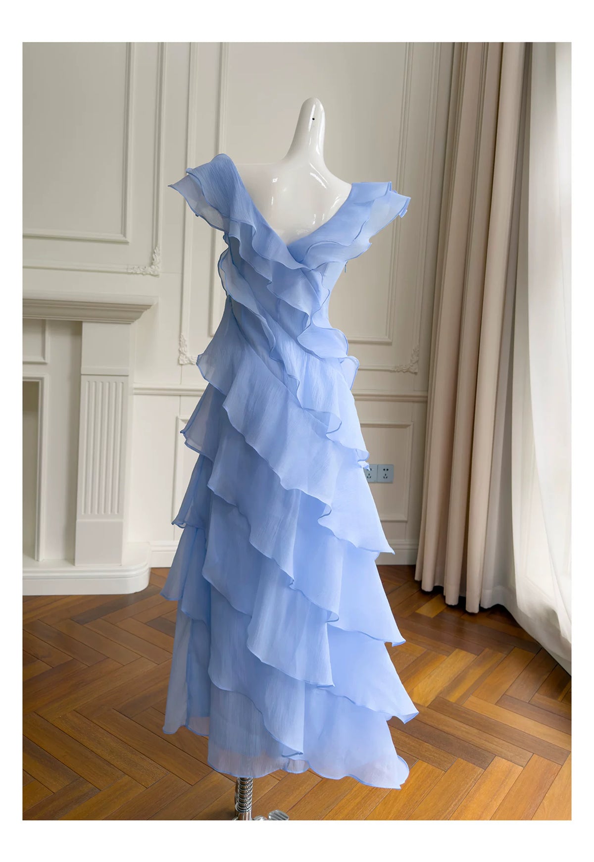 Light Blue V Neck Ruffle Long Evening Dress F0446