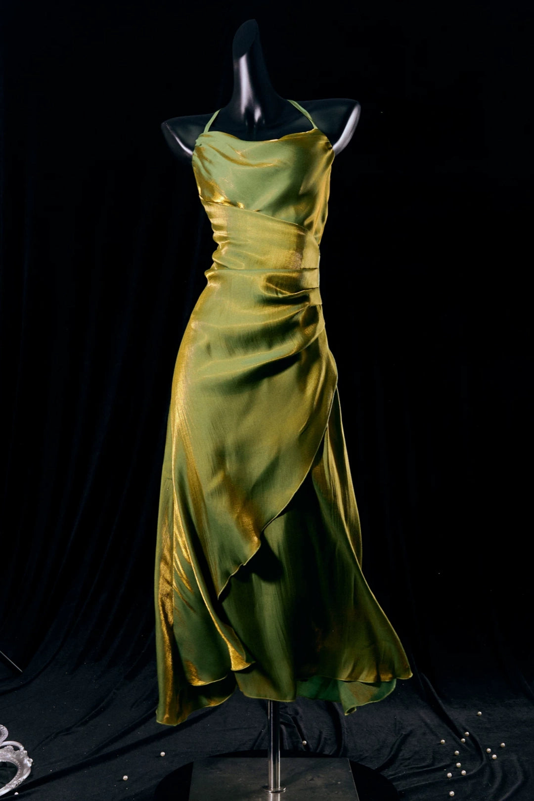 Metallic Satin Cowl Neck Midi Dress Ruched Formal Homecoming Party Gown F0120