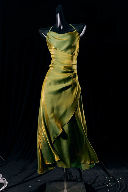 Metallic Satin Cowl Neck Midi Dress Ruched Formal Homecoming Party Gown F0120