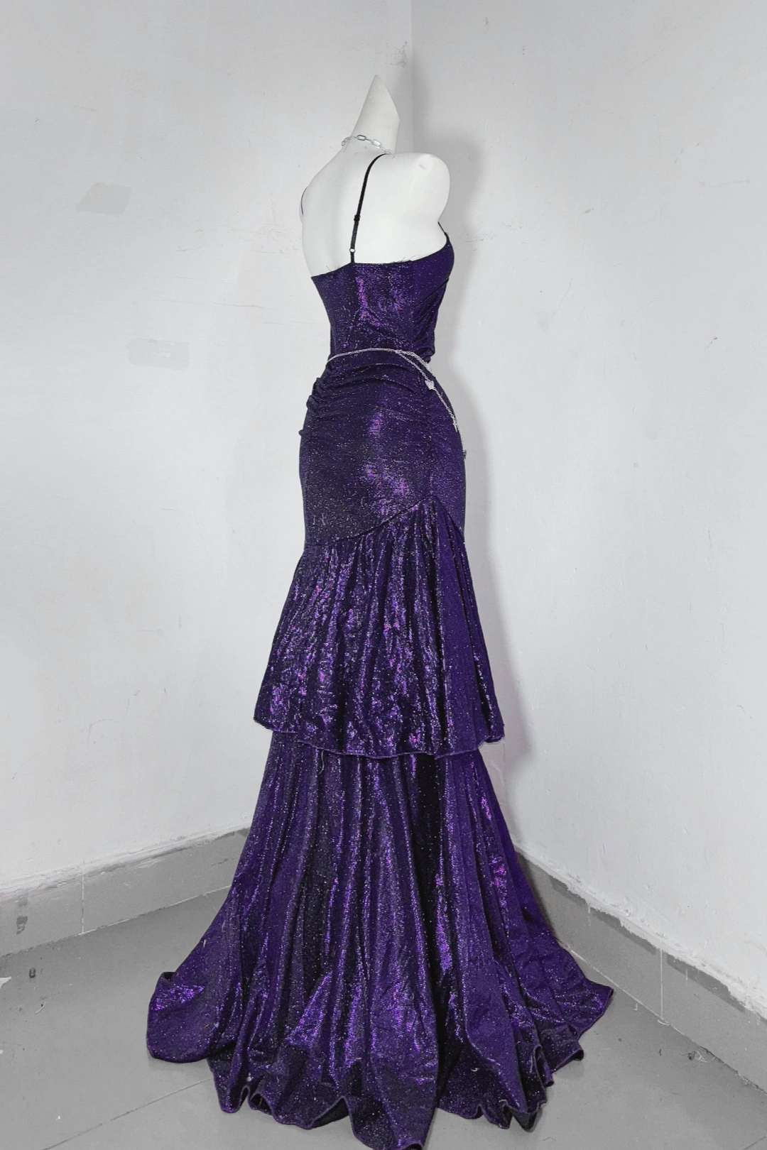 Sparkly Purple Mermaid Spaghetti Strap Evening Dress F0283