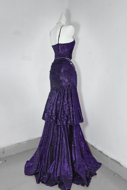 Sparkly Purple Mermaid Spaghetti Strap Evening Dress F0283