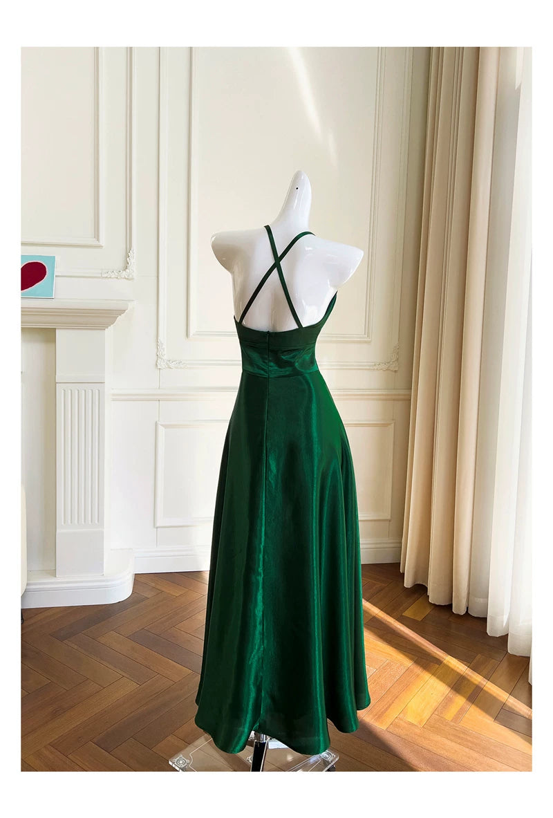 Emerald Green Satin Halter Maxi Dress, Cross Back Formal Evening Gown F0436
