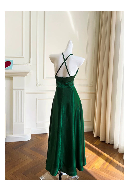 Emerald Green Satin Halter Maxi Dress, Cross Back Formal Evening Gown F0436