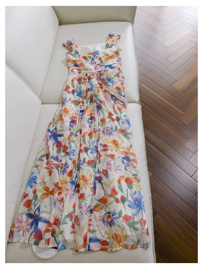 Watercolor Floral Chiffon Maxi Dress, Square Neck Spaghetti Strap Dress F0435