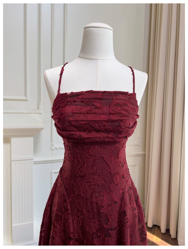 Spaghetti Strap Burgundy Textured Lace Long Evening Dress  F0440