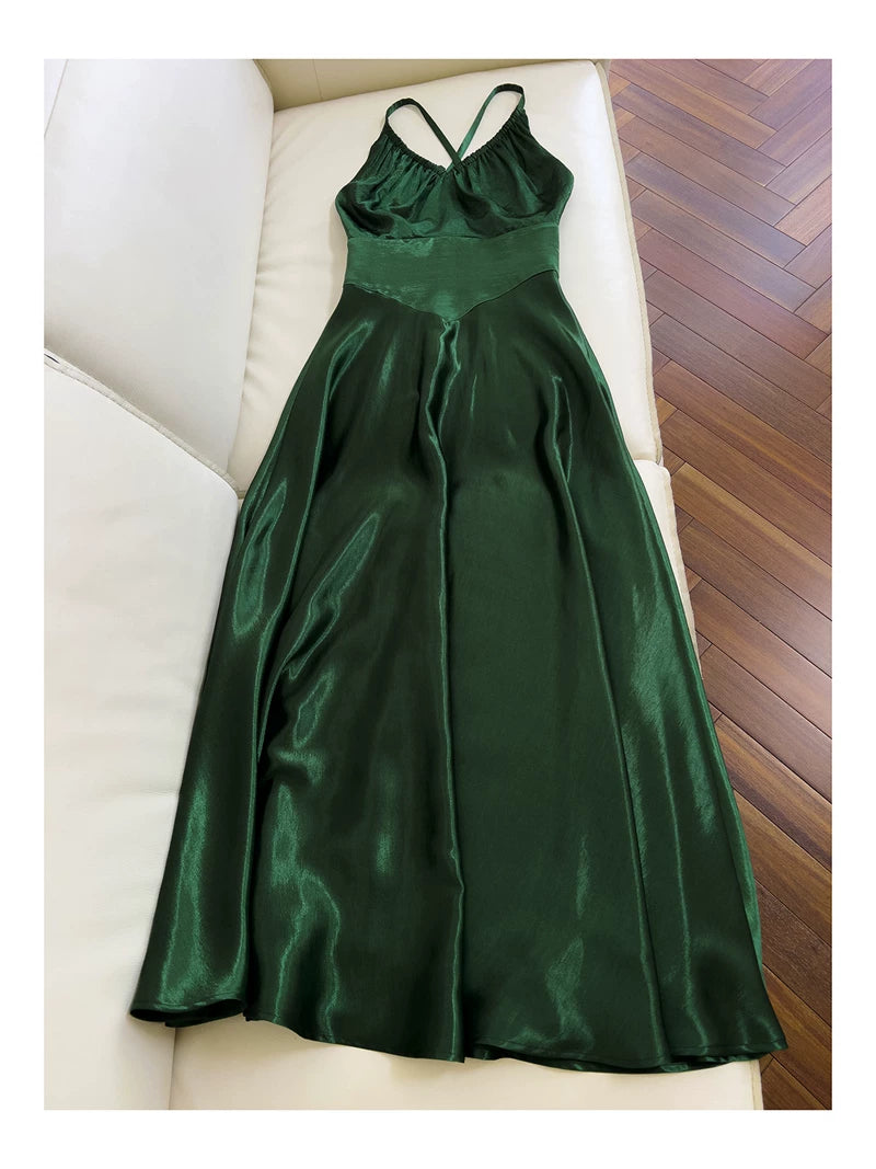 Emerald Green Satin Halter Maxi Dress, Cross Back Formal Evening Gown F0436