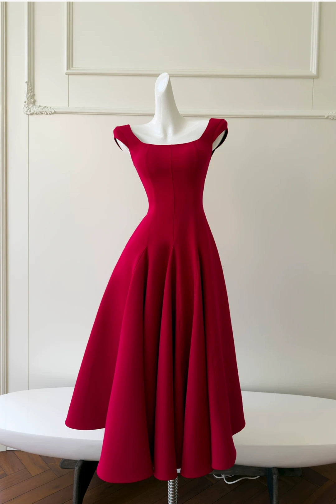 Burgundy Square Neck Midi Formal Dress Cap Sleeve A-Line Evening Party Dress F0433