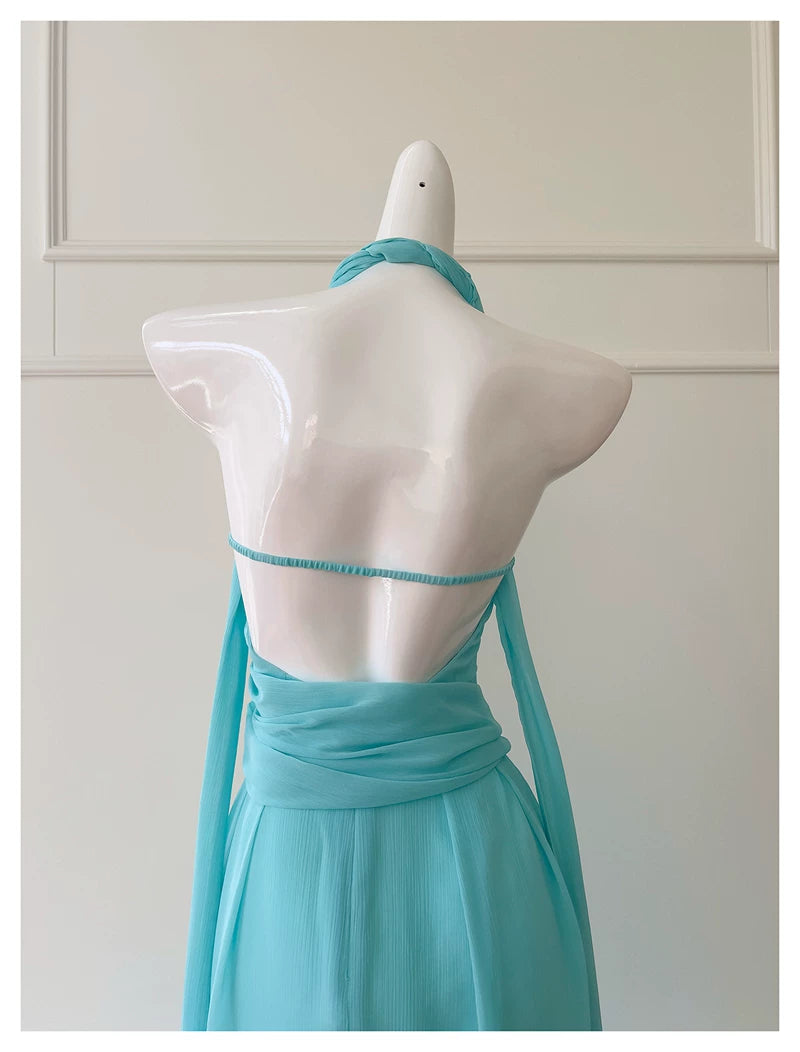 Halter Turquoise Chiffon Midi Evening Dress  F0439
