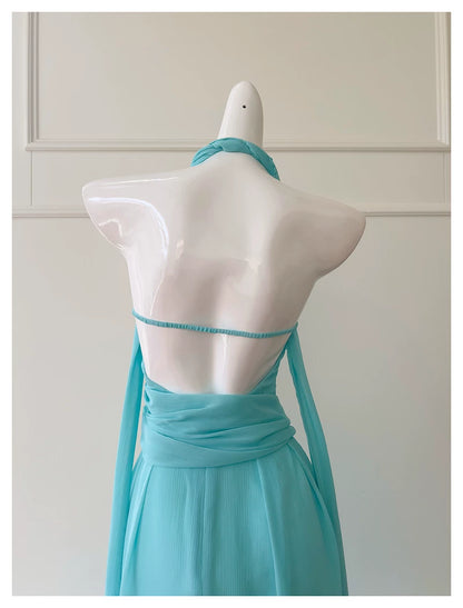 Halter Turquoise Chiffon Midi Evening Dress  F0439