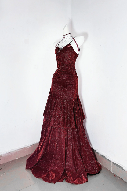 Sparkly Burgundy Mermaid Spaghetti Strap Evening Dress F0284