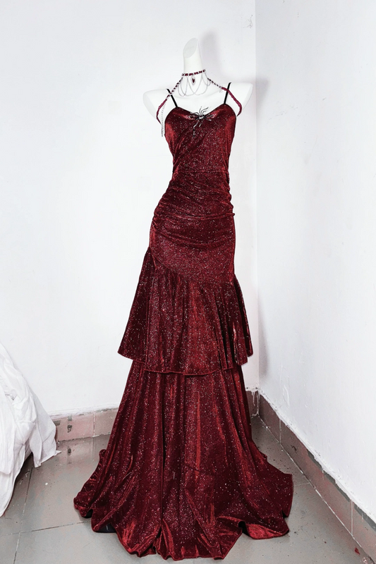 Sparkly Burgundy Mermaid Spaghetti Strap Evening Dress F0284