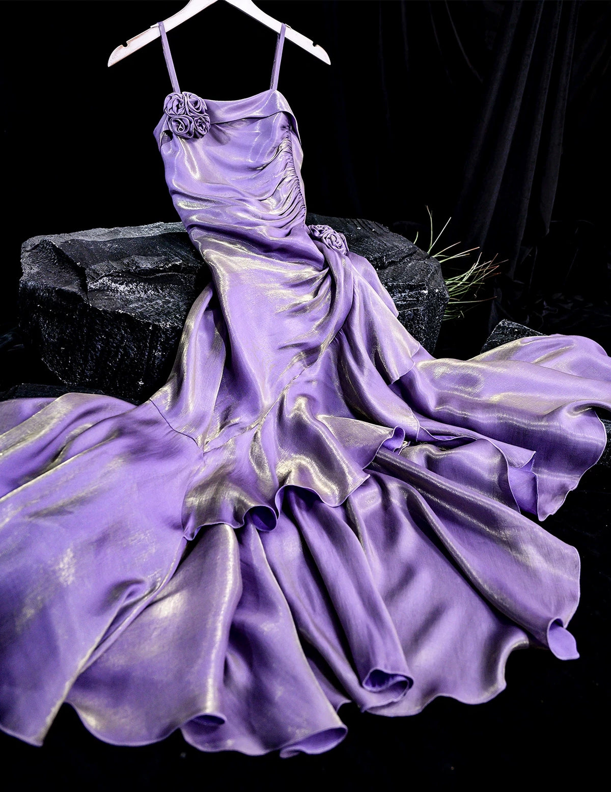 Spaghetti Strap Mermaid Formal Dress, 3D Floral Ruffled Gown for Party F0121