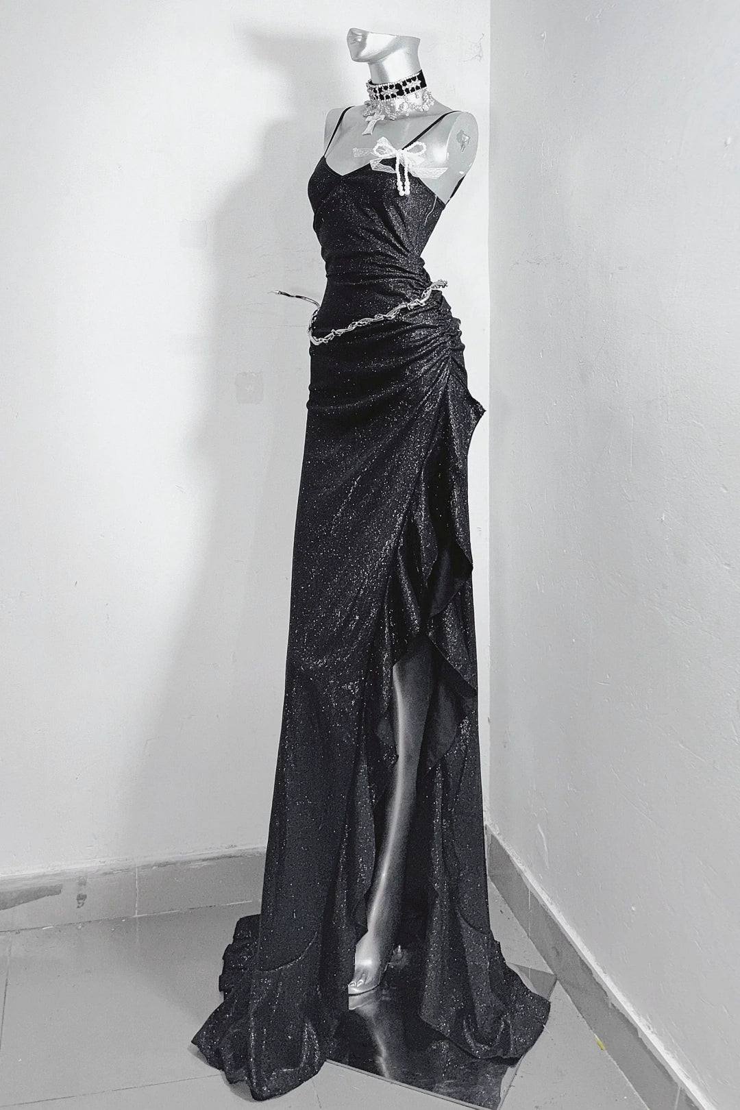 Elegant black glitter mermaid dress with thin spaghetti straps, side ruched waist and asymmetrical ruffle high slit floor-length Dress  F0285