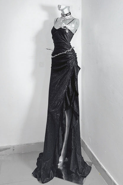 Elegant black glitter mermaid dress with thin spaghetti straps, side ruched waist and asymmetrical ruffle high slit floor-length Dress  F0285
