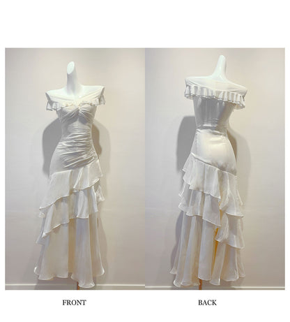 White Long Off-The-Shoulder Prom Dress With Ruffle Details  FD03