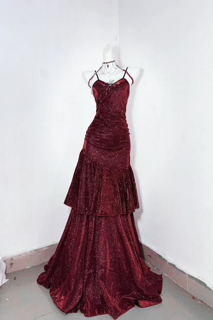 Sparkly Burgundy Mermaid Spaghetti Strap Evening Dress F0284